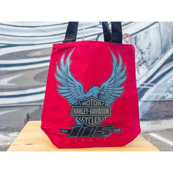 HARLEY DAVIDSON 115 Vintage Tote Bag - Red With Retro Graphic Print - Picture 1 of 5